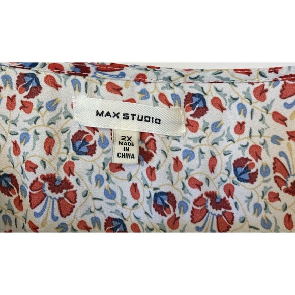Max Studio Blouse Size 2X Red Blue Floral V Neck Ruffle Peplum Boho Waist Tie - Picture 10 of 16